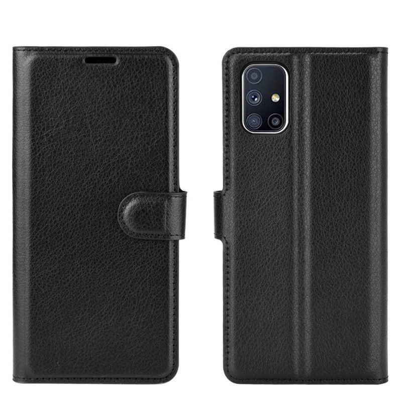 Lederhüllen Für Samsung Galaxy M51 Schwarz Klassischer Litschileder-Effekt