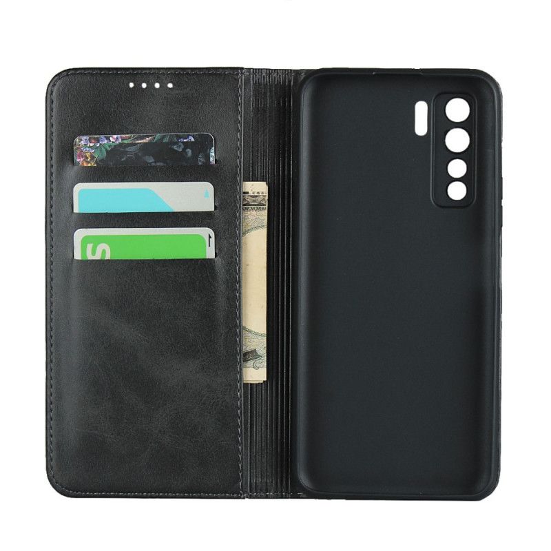 Flip Case Huawei P40 Lite 5G Schwarz Handyhülle Echtes Leder