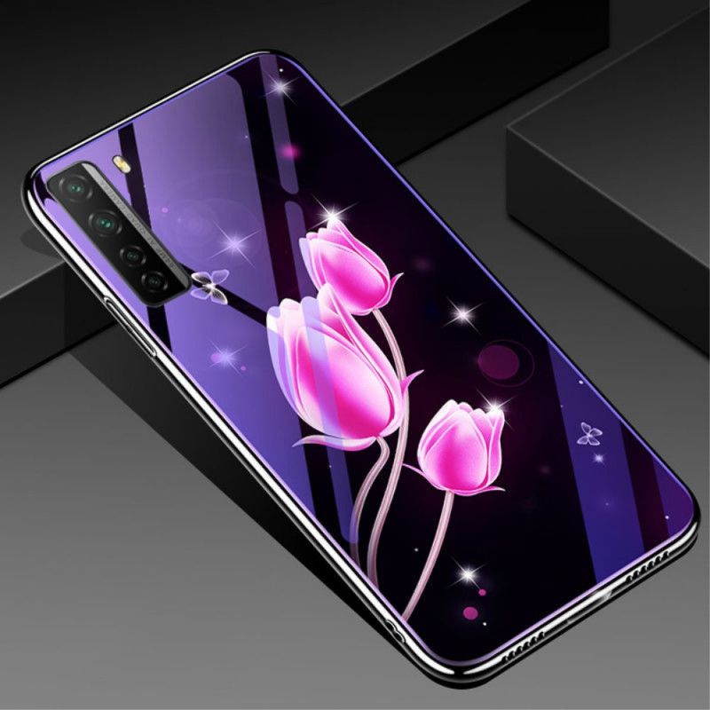 Hülle Huawei P40 Lite 5G Magenta Gehärtetes Glas Und Blumensilikon