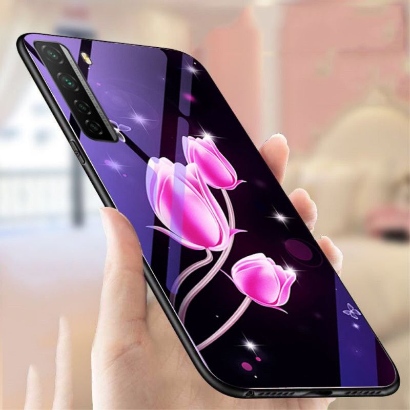 Hülle Huawei P40 Lite 5G Magenta Gehärtetes Glas Und Blumensilikon