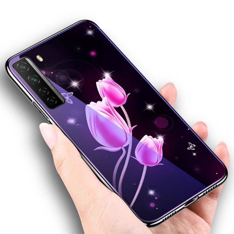 Hülle Huawei P40 Lite 5G Magenta Gehärtetes Glas Und Blumensilikon