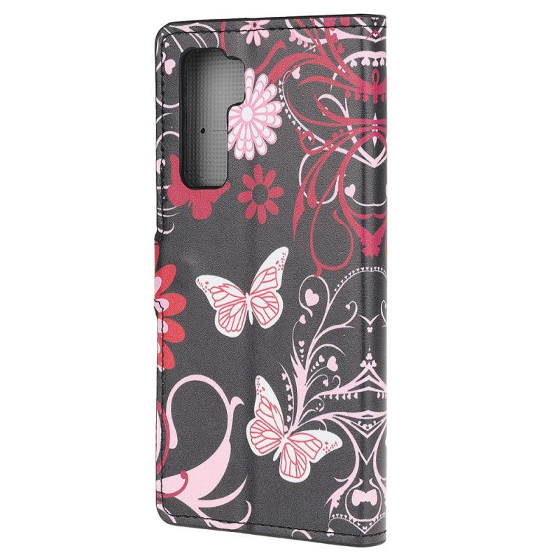 Lederhüllen Für Huawei P40 Lite 5G Schwarz Schmetterlinge Und Blumen 2
