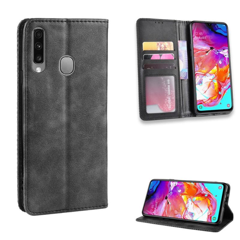 Flip Case Samsung Galaxy A20S Schwarz Stilisierter Vintage-Ledereffekt