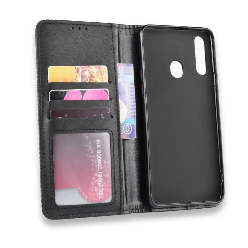 Flip Case Samsung Galaxy A20S Schwarz Stilisierter Vintage-Ledereffekt