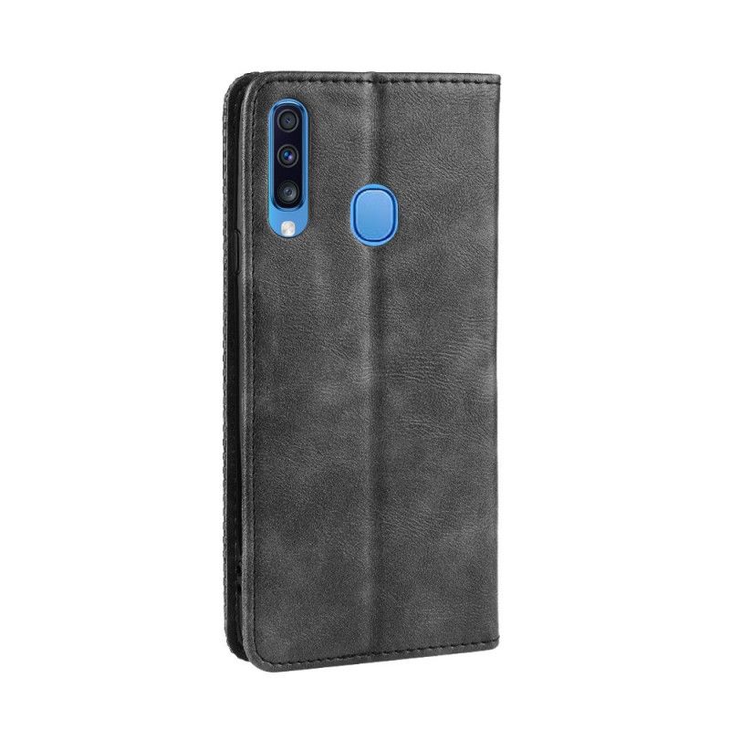 Flip Case Samsung Galaxy A20S Schwarz Stilisierter Vintage-Ledereffekt