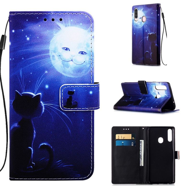 Lederhüllen Samsung Galaxy A20S Handyhülle Katze Im Mondlicht