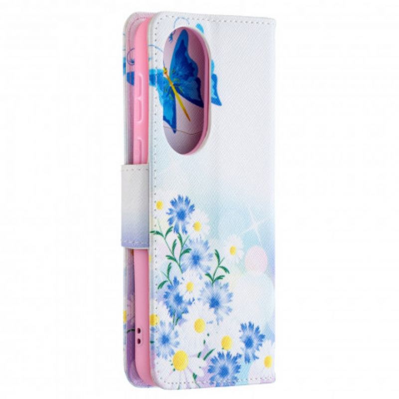 Lederhüllen Huawei P50 Handyhülle Gemalte Schmetterlinge Und Blumen