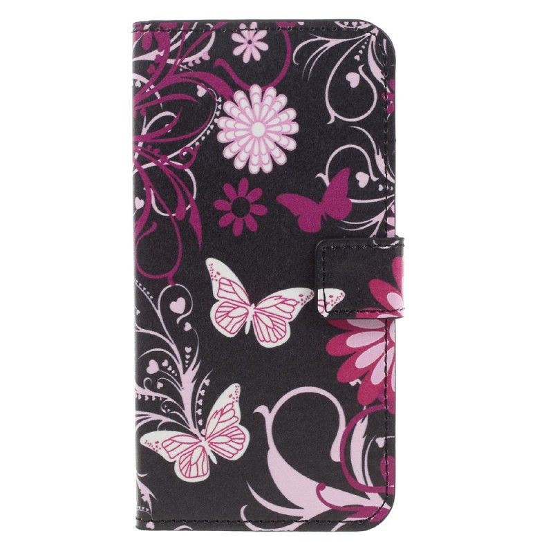 Lederhüllen Samsung Galaxy A3 2017 Schwarz Schmetterlinge Und Blumen