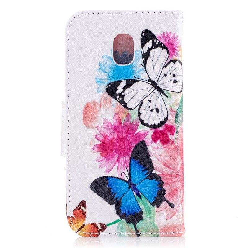 Lederhüllen Samsung Galaxy J7 2017 Pink Handyhülle Bemalte Schmetterlinge Und Blumen