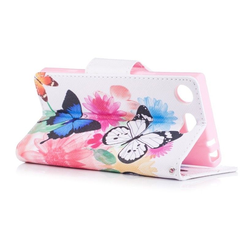 Lederhüllen Für Sony Xperia XZ1 Compact Pink Bemalte Schmetterlinge Und Blumen
