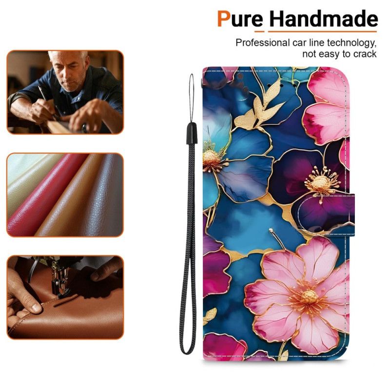 Lederhüllen Xiaomi Redmi Note 15 5g Handyhülle Blaue Und Goldene Blumen