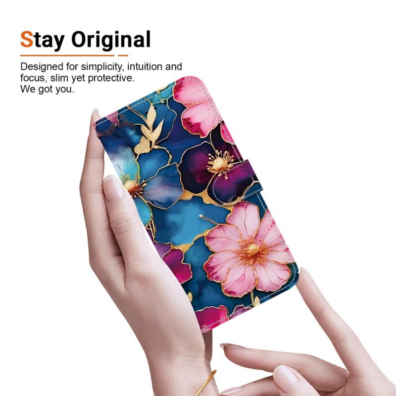 Lederhüllen Xiaomi Redmi Note 15 5g Handyhülle Blaue Und Goldene Blumen
