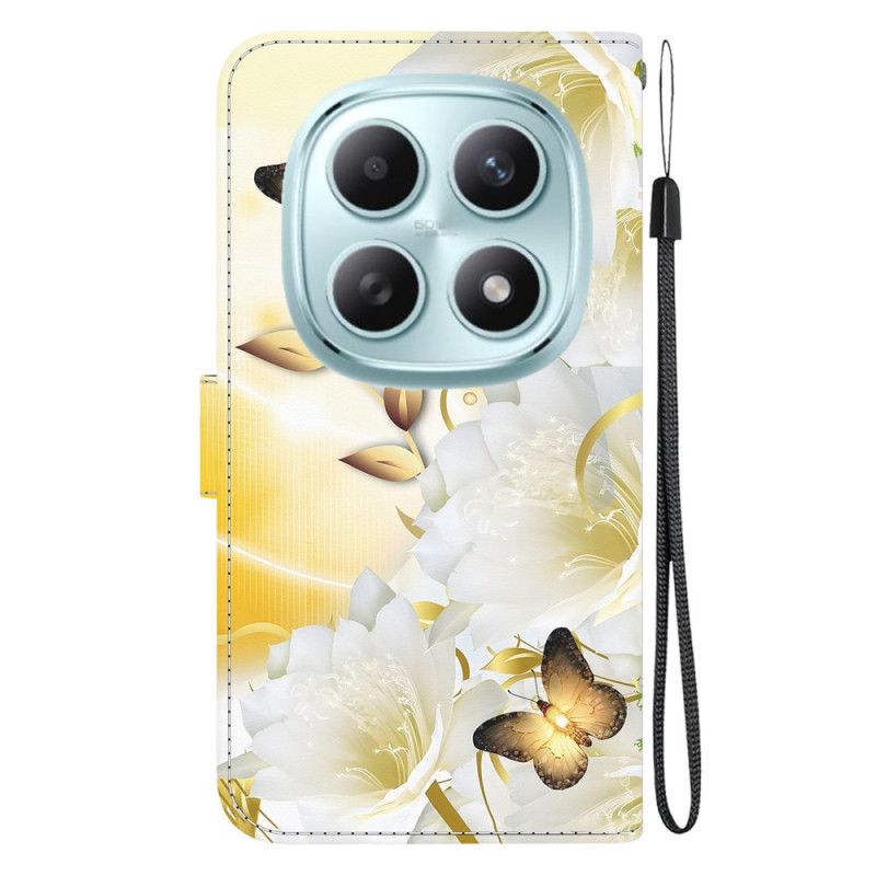Lederhüllen Xiaomi Redmi Note 15 5g Handyhülle Goldene Schmetterlinge Und Weiße Blumen