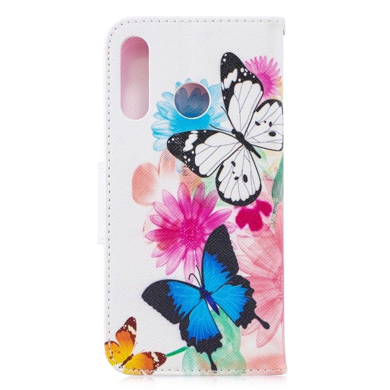 Lederhüllen Huawei P30 Lite Magenta Bemalte Schmetterlinge Und Blumen