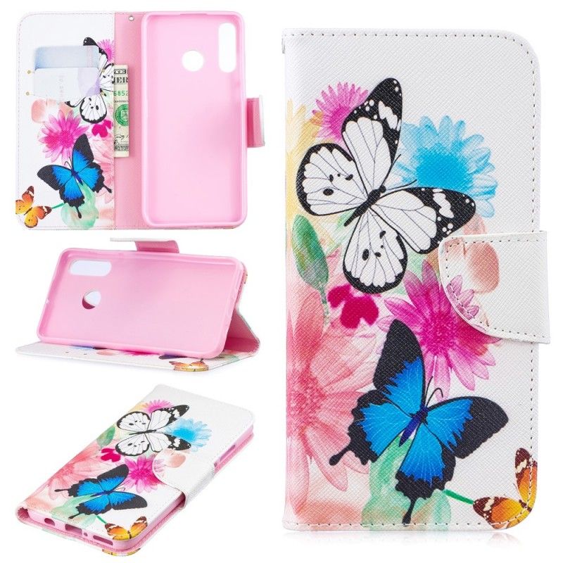 Lederhüllen Huawei P30 Lite Magenta Bemalte Schmetterlinge Und Blumen