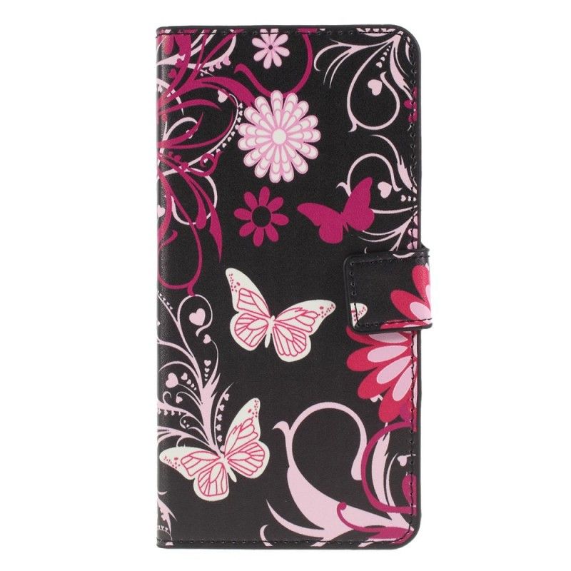 Lederhüllen Huawei P30 Lite Schwarz Schmetterlinge Und Blumen