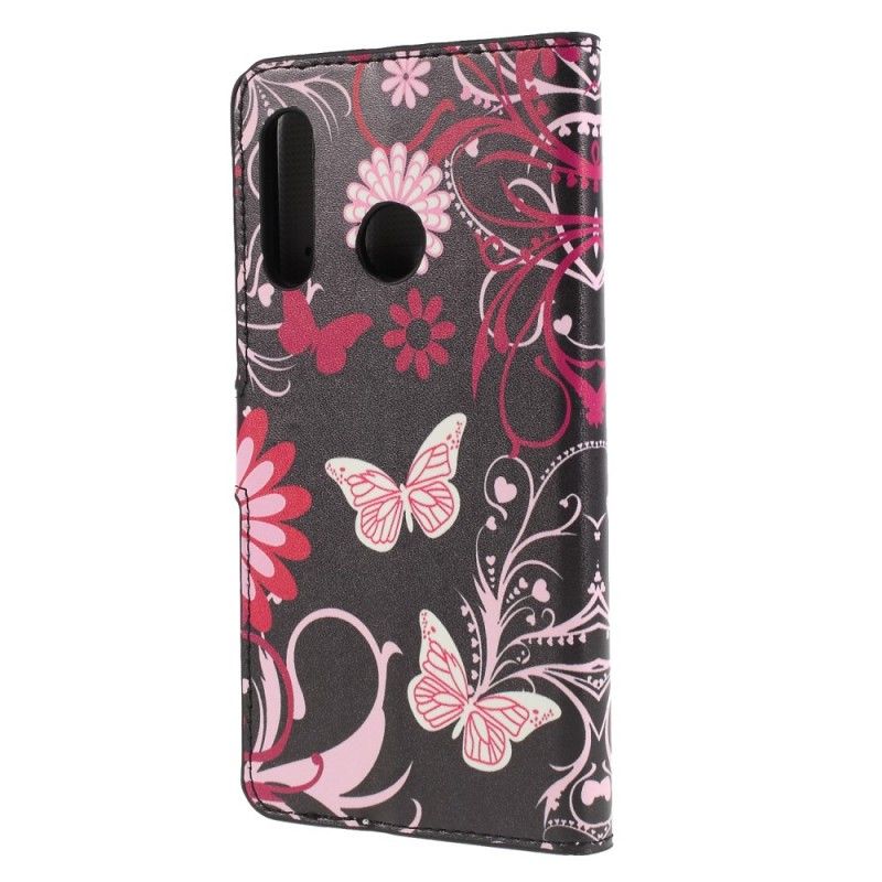 Lederhüllen Huawei P30 Lite Schwarz Schmetterlinge Und Blumen
