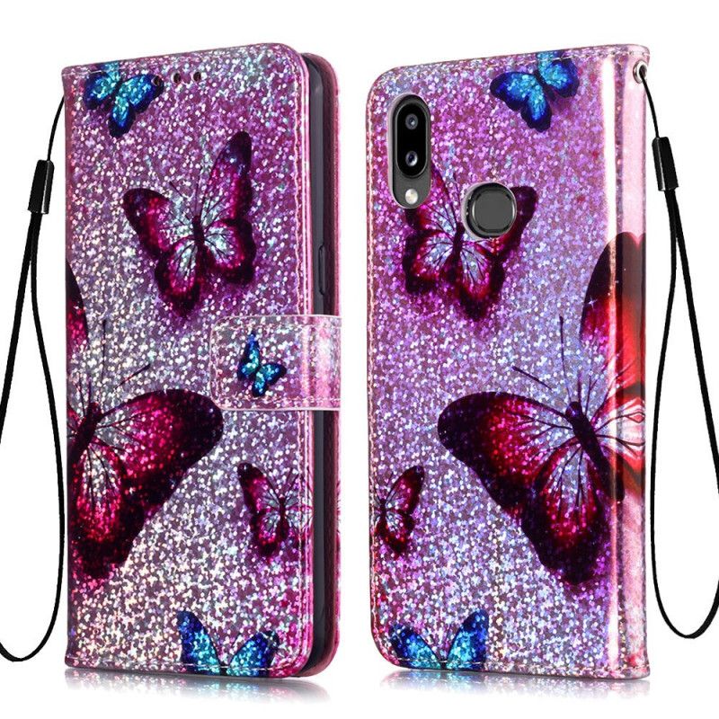 Lederhüllen Für Samsung Galaxy A10S Schmetterlinge Auf Glitzerndem Hintergrund