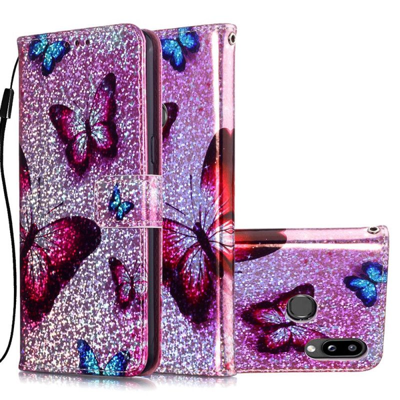 Lederhüllen Für Samsung Galaxy A10S Schmetterlinge Auf Glitzerndem Hintergrund