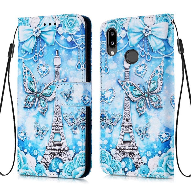 Lederhüllen Samsung Galaxy A10S Eiffelturm-Schmetterlingsband