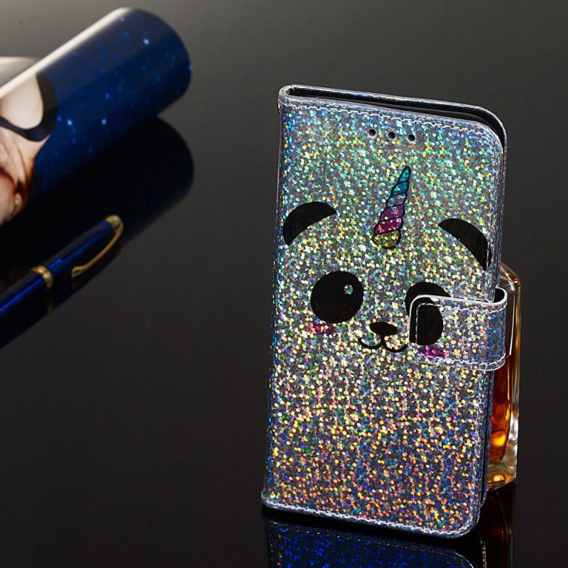 Lederhüllen Samsung Galaxy A10S Panda Auf Glitzerhintergrund