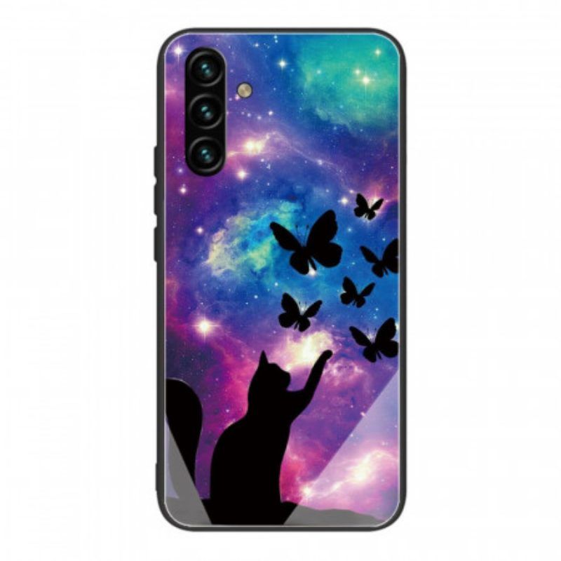 Hülle Für Samsung Galaxy A13 5G / A04s Katze Und Schmetterlinge Aus Gehärtetem Glas Im Weltraum