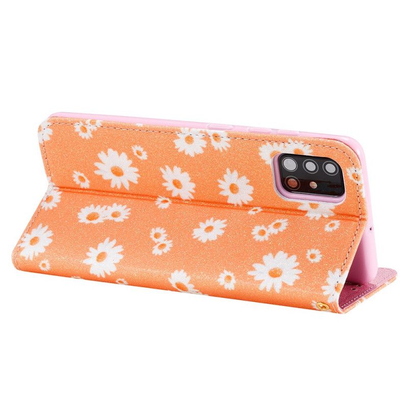 Flip Case Samsung Galaxy A51 Orange Kunstleder-Gänseblümchen