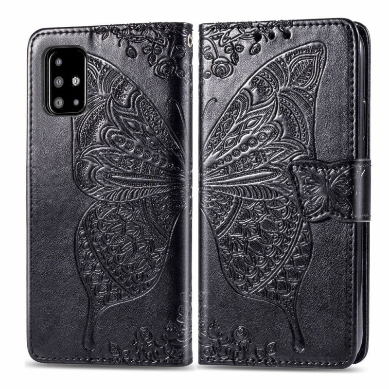 Lederhüllen Für Samsung Galaxy A51 Schwarz Halbe Schmetterlinge
