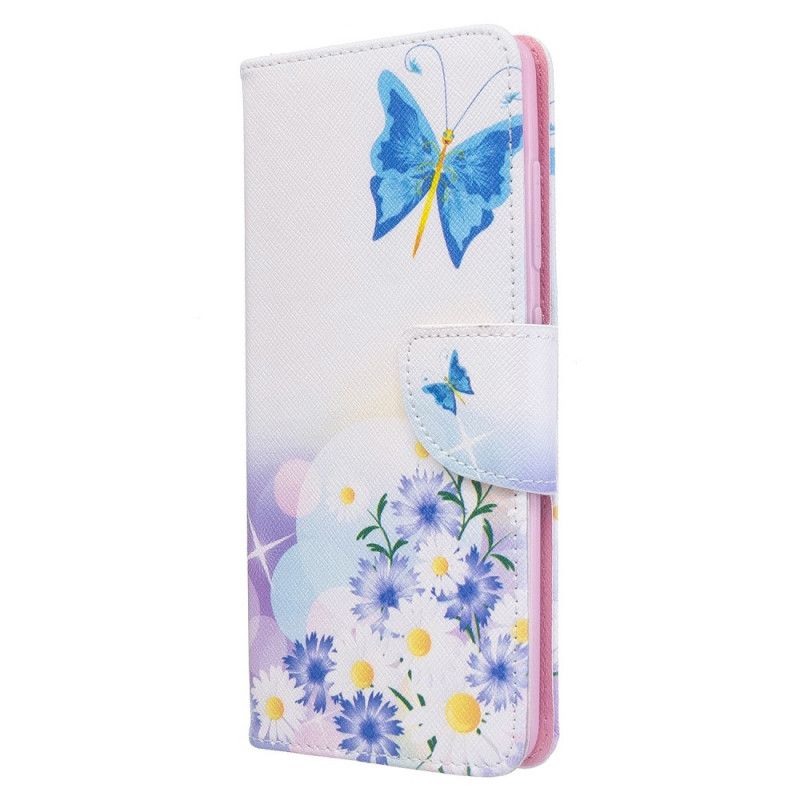 Lederhüllen Samsung Galaxy A51 Magenta Bemalte Schmetterlinge Und Blumen