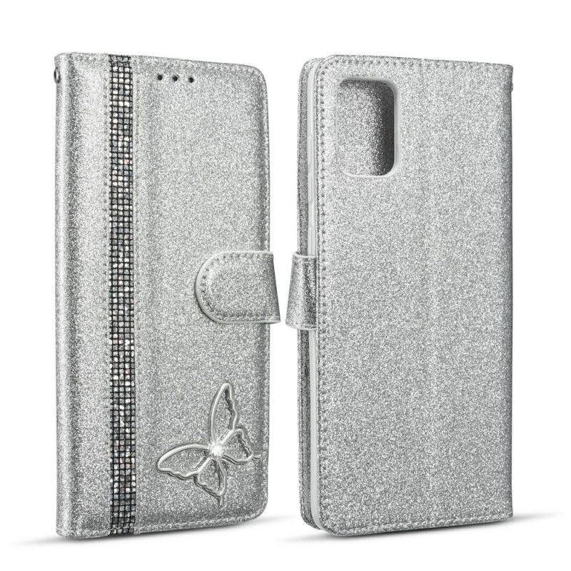 Lederhüllen Samsung Galaxy A51 Magenta Juwel Schmetterling Auf Pailletten