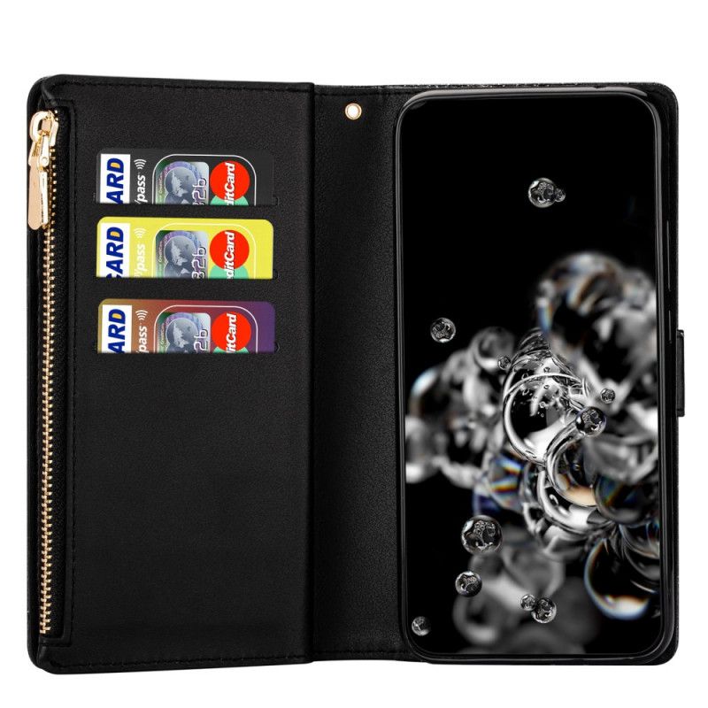 Lederhüllen Samsung Galaxy A51 Schwarz Brieftasche Mit Reißverschluss Aus Pailletten