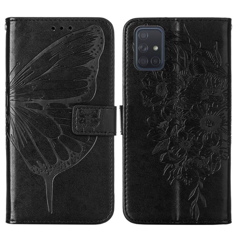 Lederhüllen Samsung Galaxy A51 Schwarz Design Schmetterling Mit Riemen