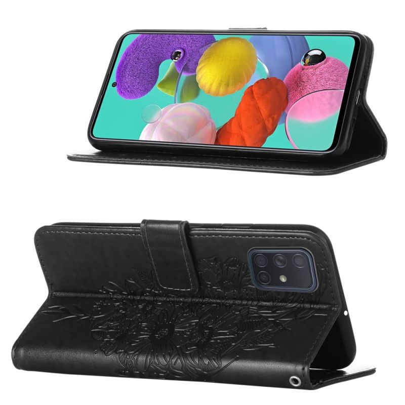 Lederhüllen Samsung Galaxy A51 Schwarz Design Schmetterling Mit Riemen