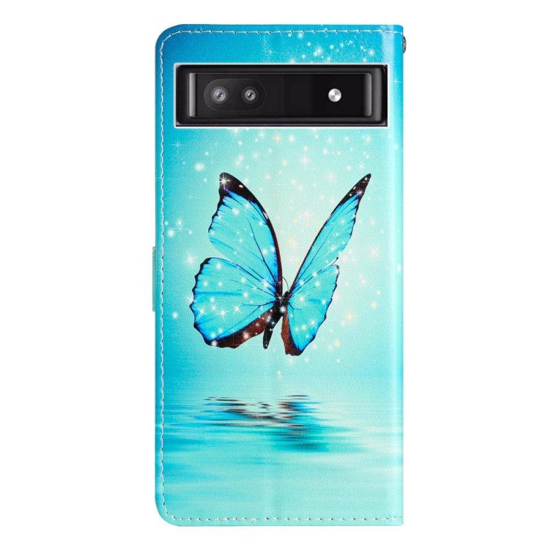 Lederhüllen Für Google Pixel 7A Mit Kordel Blaue Schmetterlinge Mit Riemen