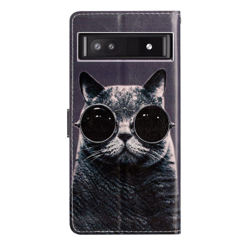 Lederhüllen Für Google Pixel 7A Mit Kordel Riemchen-katzenbrille