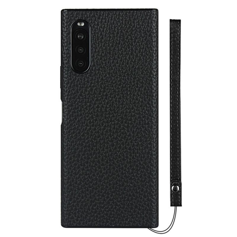 Hülle Sony Xperia 10 II Schwarz Echtes Litschileder Mit Riemen